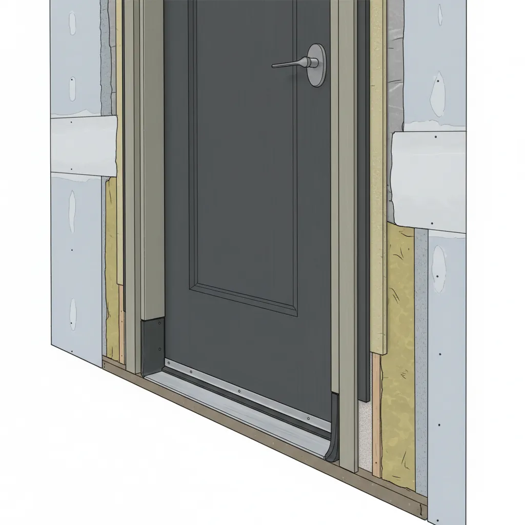 Exterior door with sweep threshold and weatherstripping sealing system