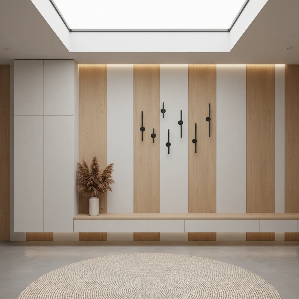 Complete modern entryway with panel wall bench and storage