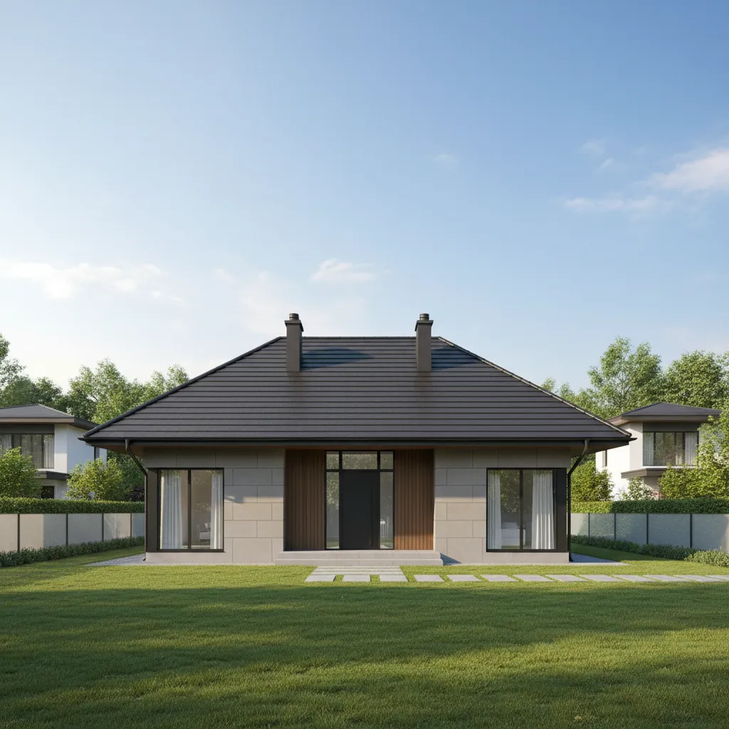 completed 3D house render with hip roof structure