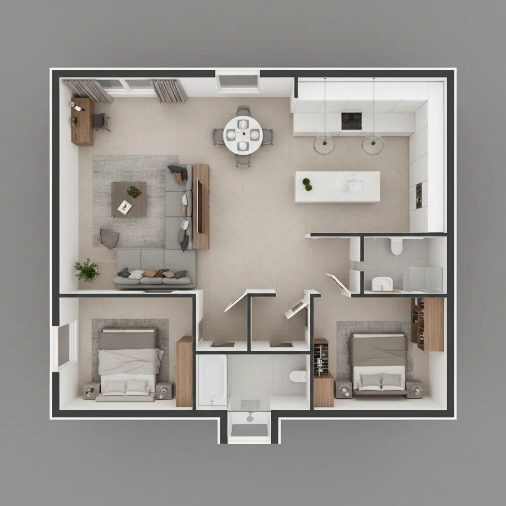 Full house 3D floor plan visualization with multiple rooms and furniture