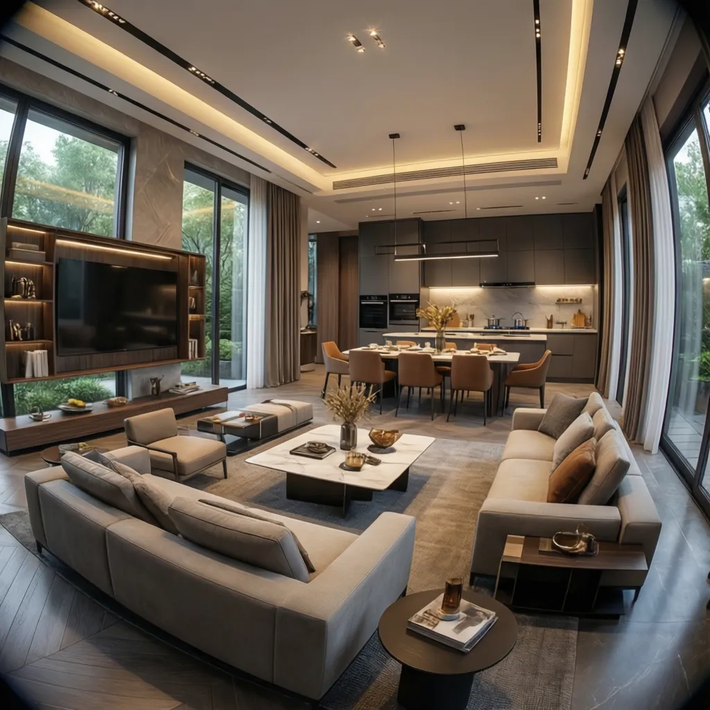 Full home interior design visualization showing coordinated living dining and kitchen areas