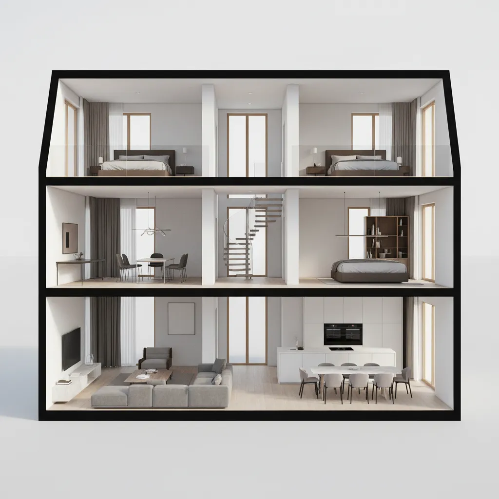 Vista 3D de una casa completa diseñada con software de interiorismo