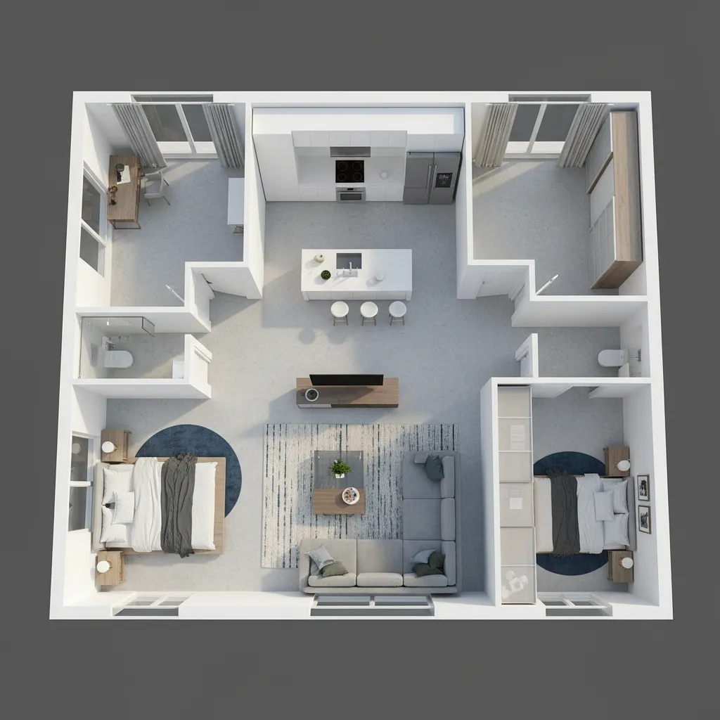 Plano completo de una vivienda visualizado en 3D con varias habitaciones