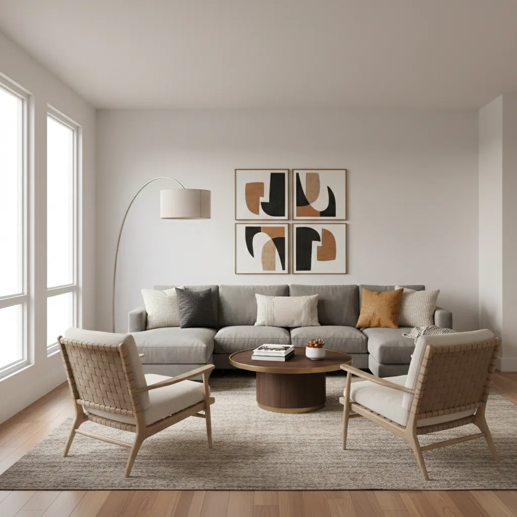 Fully furnished living room showing sofa chairs rug lighting and decor layers