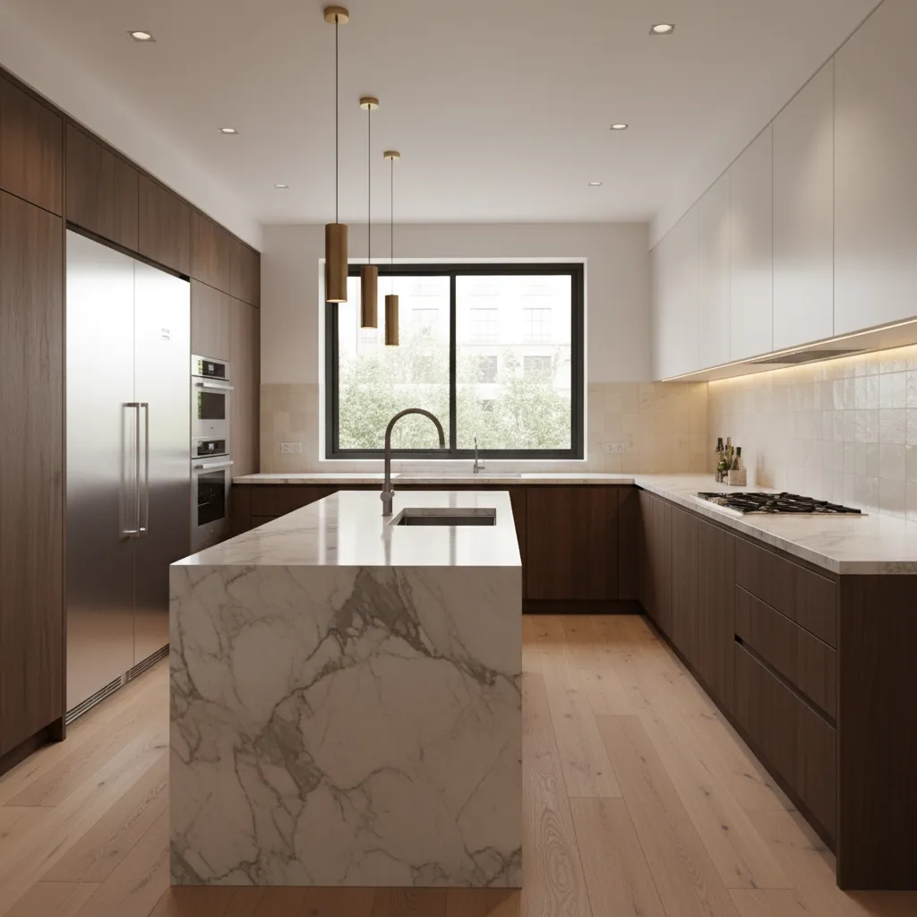 completed kitchen renovation with cabinets and stone countertops