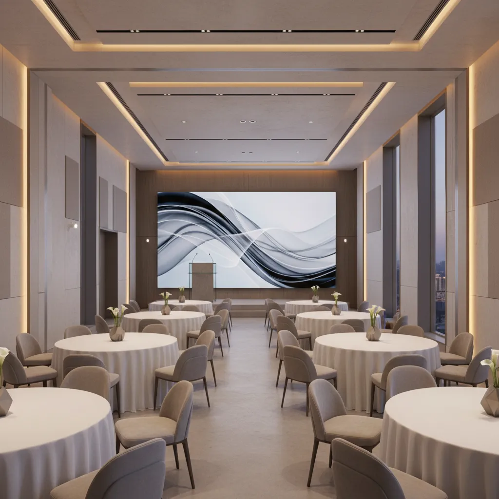 complete interior view of a modern small conference centre event setup