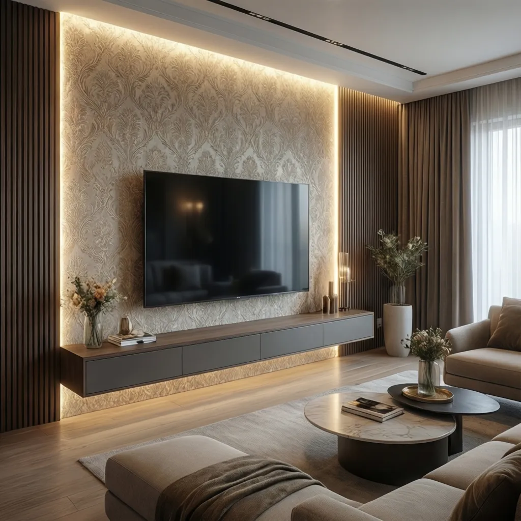 Complete modern living room TV feature wall with wallpaper, lighting, and floating cabinet