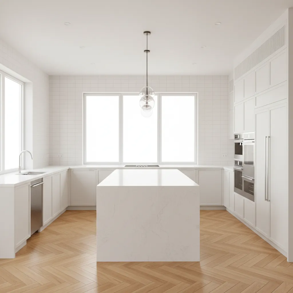 Modern white kitchen with marble island wooden floor white cabinets large windows and glass ceiling light