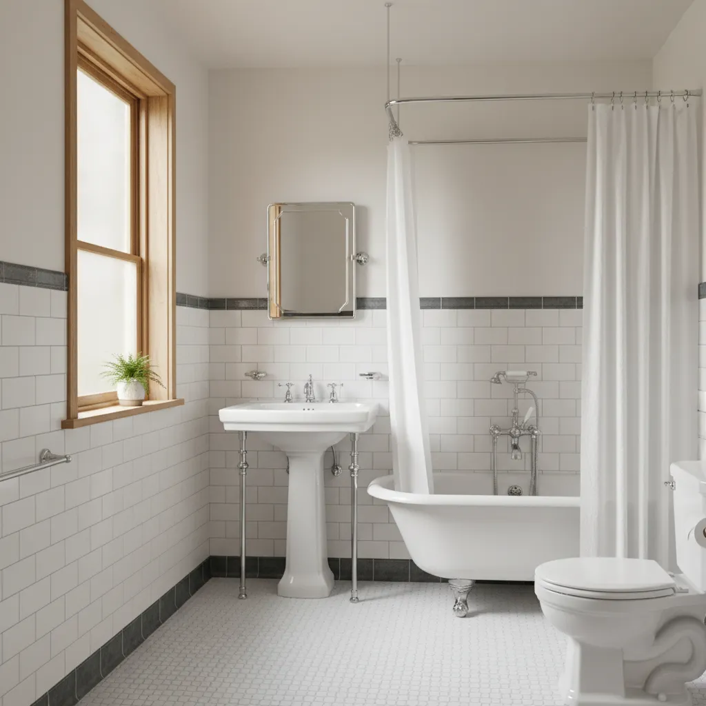 Fully restored 1920s bathroom with hex tile floor and subway tile walls