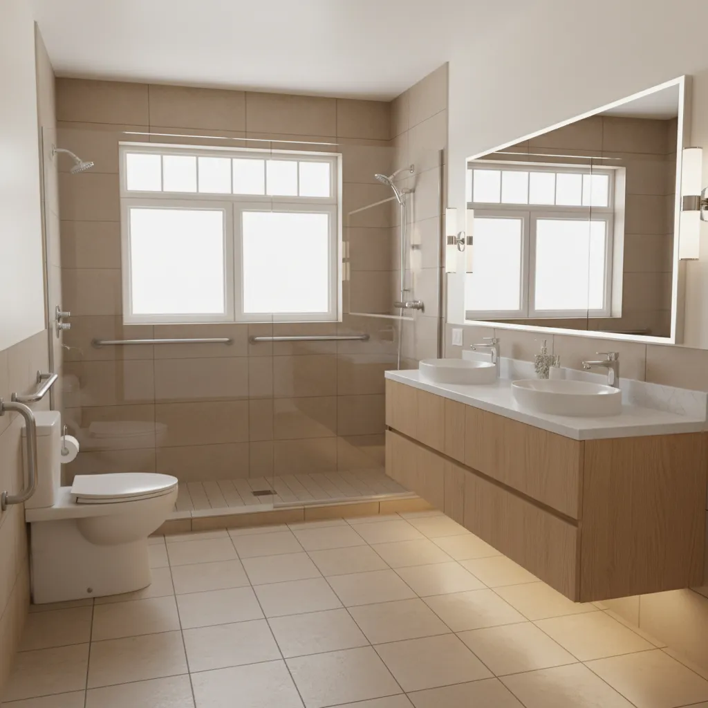 Finished senior-friendly bathroom remodel with walk-in shower and safety features