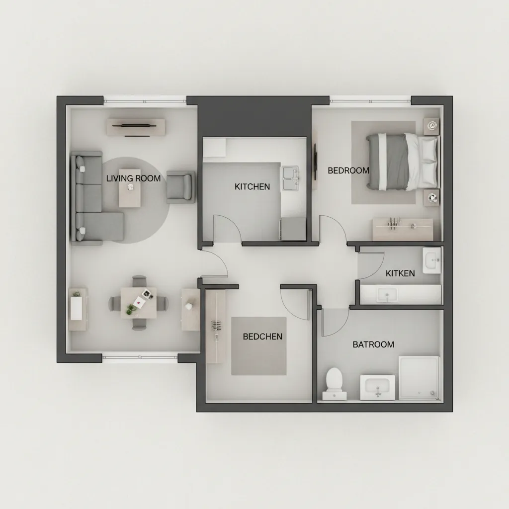 completed simple apartment floor plan with labeled rooms and furniture layout