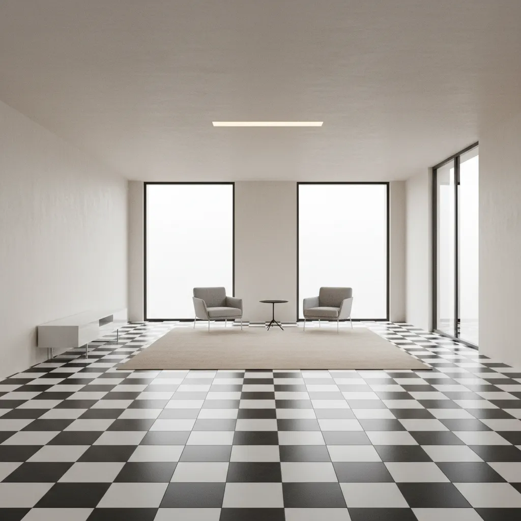 Completed black and white checkerboard tile floor in modern interior