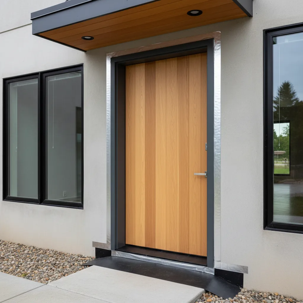 Finished exterior door threshold with flashing tape and sill pan waterproofing system