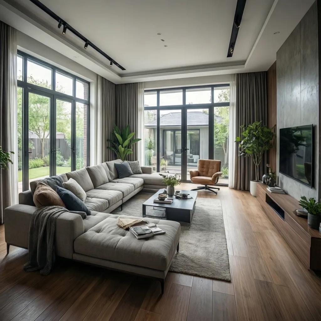 Bright modern living room after full home remodel with contemporary furniture