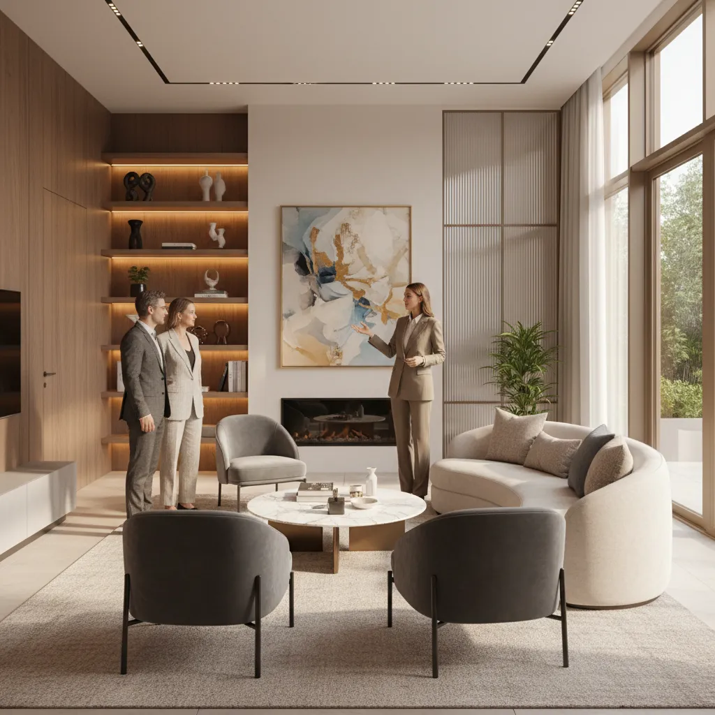 Homeowners and interior designer reviewing a completed modern living room design together