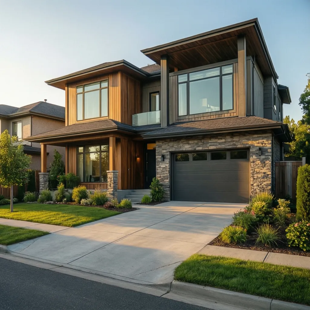 Completed modern 3000 square foot suburban home exterior with landscaping