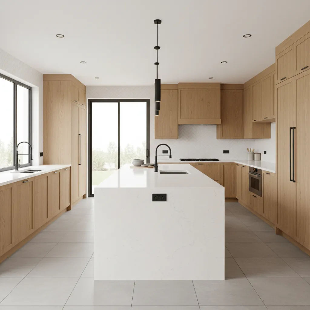 Finished modern kitchen remodel with island and natural lighting in Eugene Oregon home