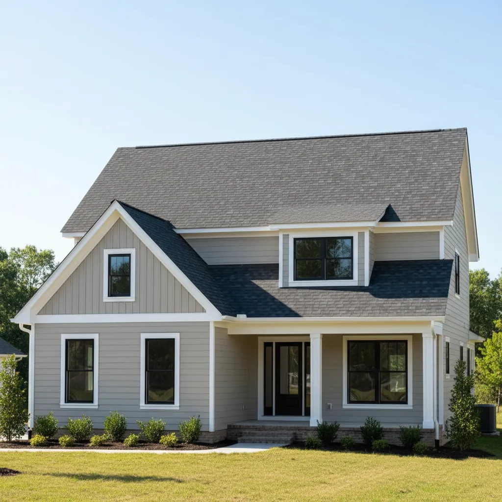 Newly completed residential asphalt shingle roof on suburban home