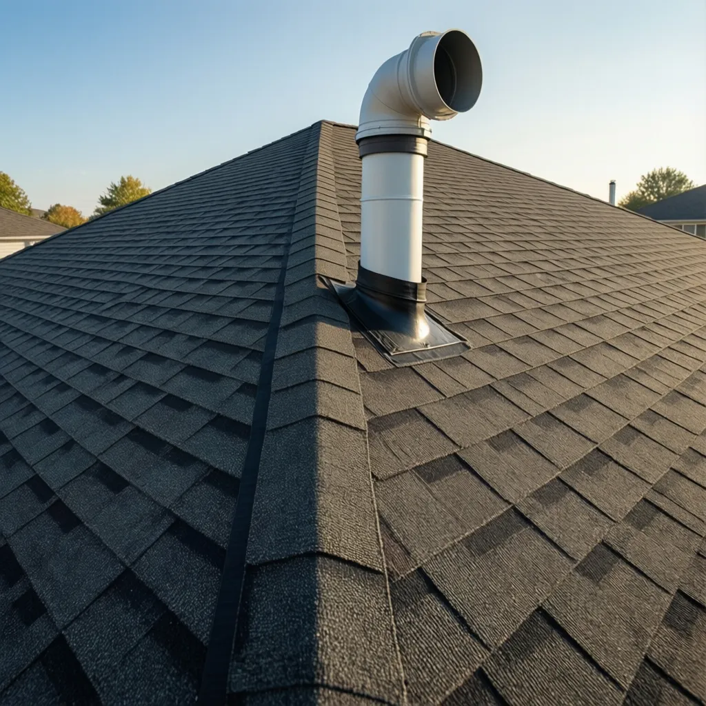 completed residential roof with properly installed plumbing vent stack above shingles