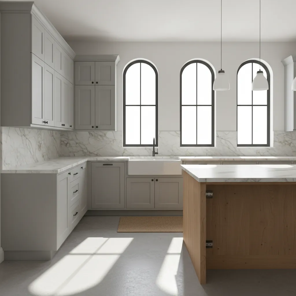 Finished modern kitchen created using RTA cabinet planning
