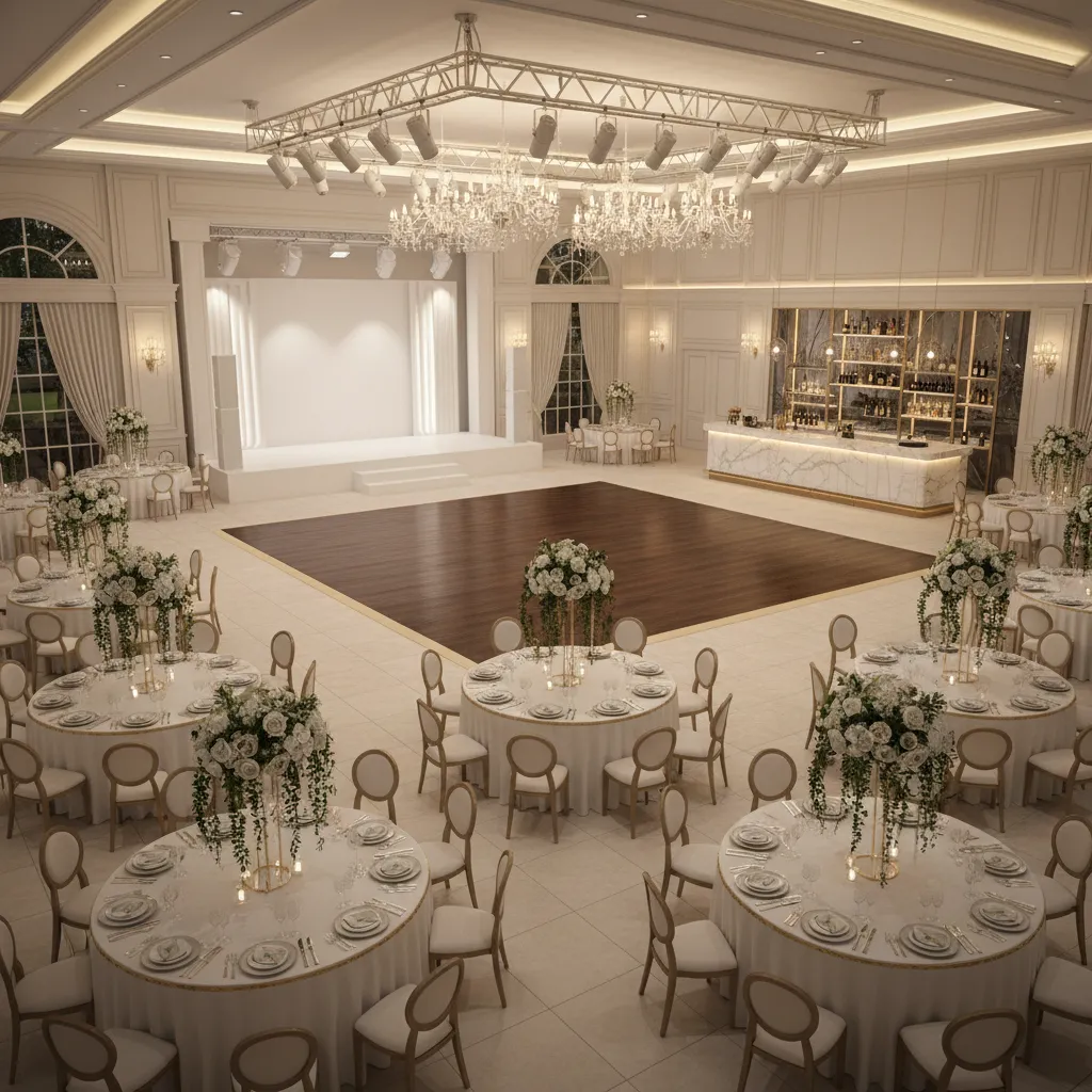 complete wedding reception hall layout with tables dance floor and stage