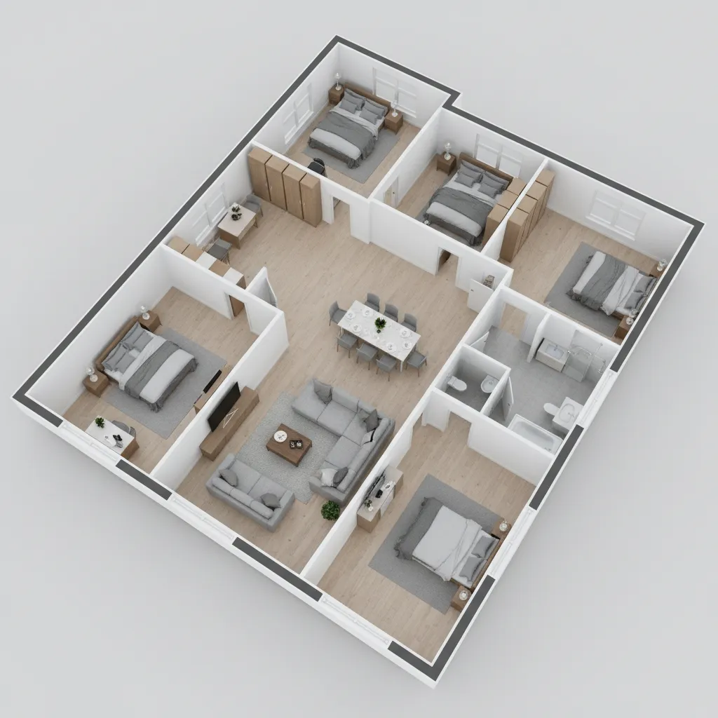Large detailed architectural 3D floor plan model showing rooms furniture and structural layout