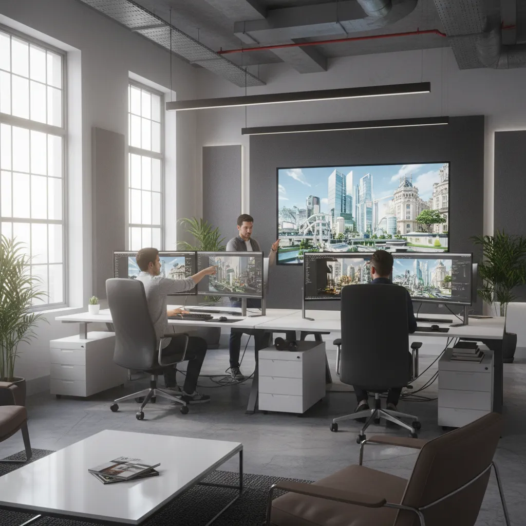 team collaborating on large complex 3D modeling project with multiple screens