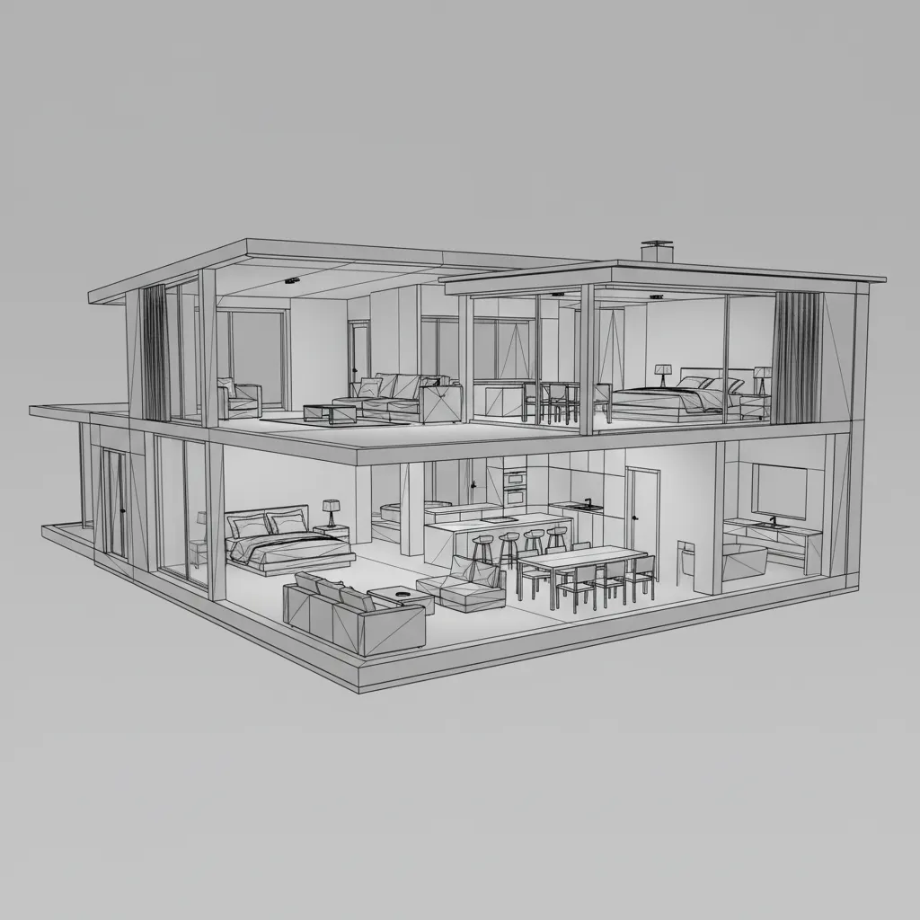 Complex 3D house model with dense geometry and furniture details