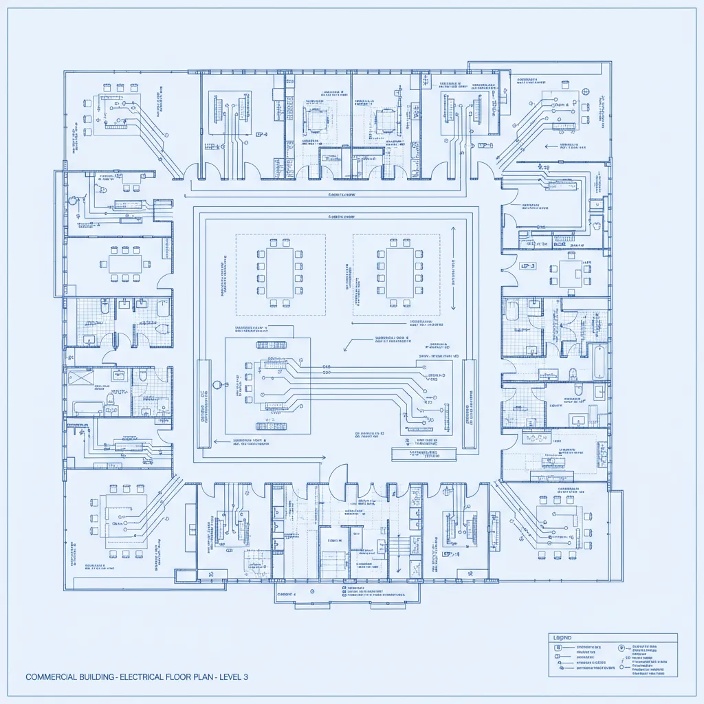 Large commercial building electrical floor plan with multiple circuits and lighting zones