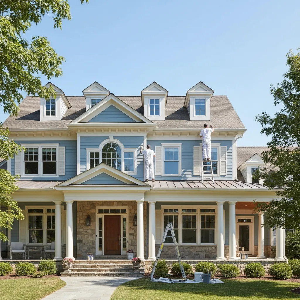 Large house with dormers gables and decorative trim requiring detailed exterior painting