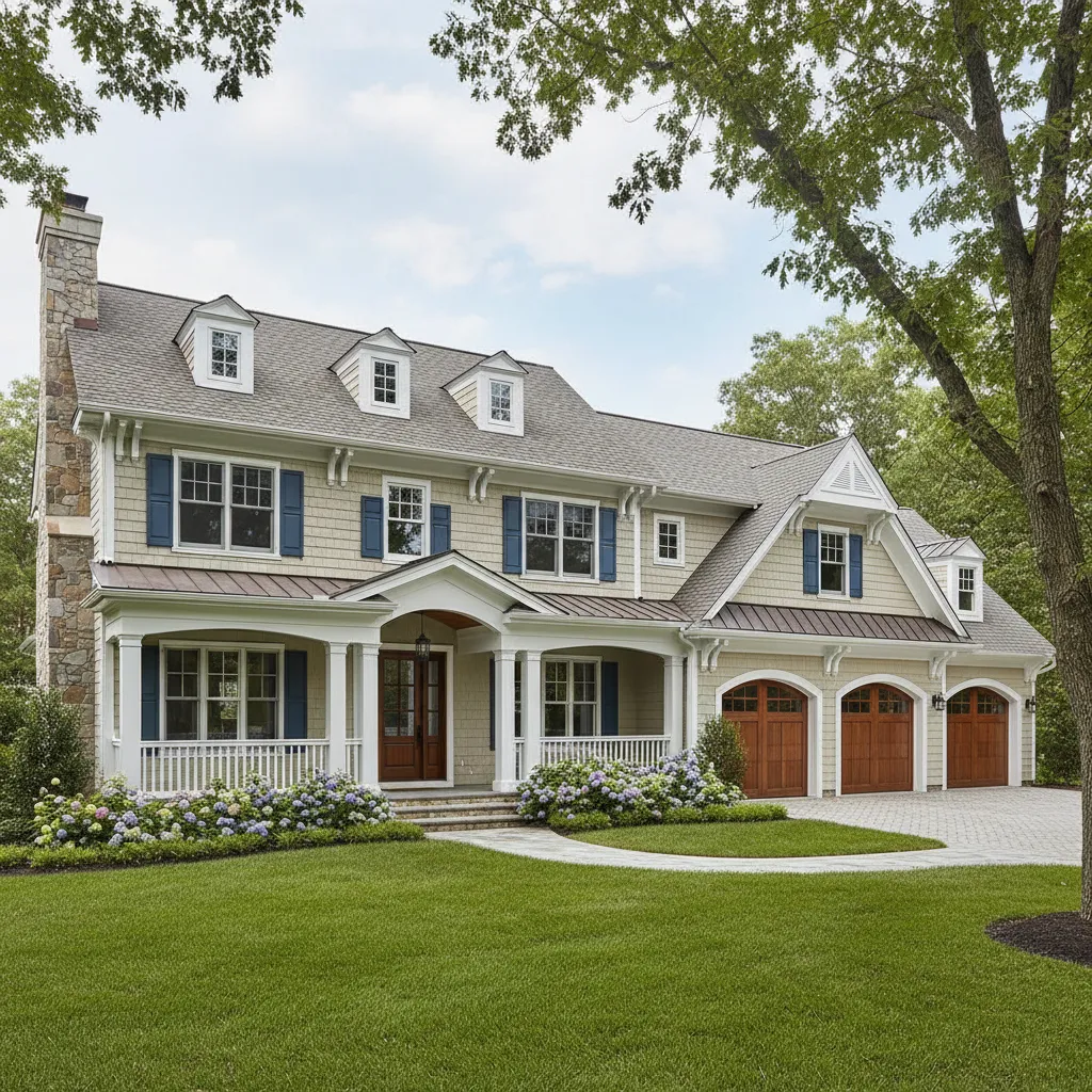 Large house with complex rooflines and trim showing difficult painting areas