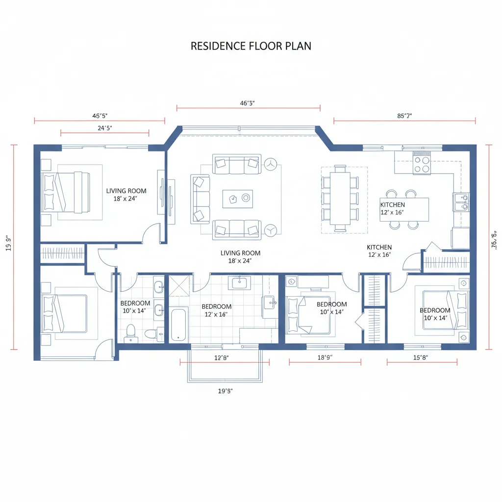 Large detailed digital house floor plan with multiple rooms and furniture icons