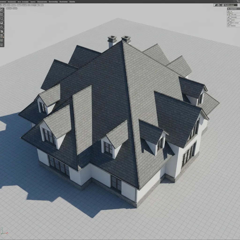 Complex multi roof house model with dormers in 3D design software