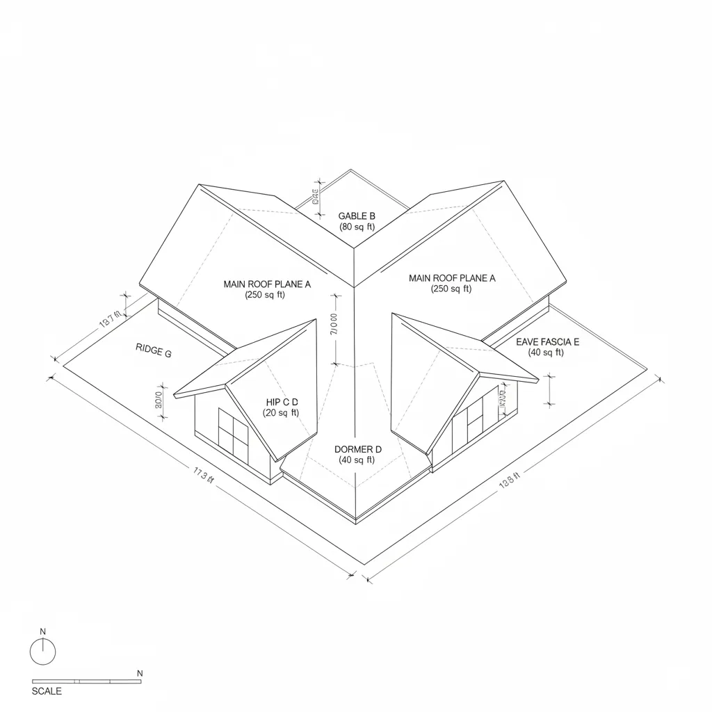 Diagram showing complex roof sections divided for measurement