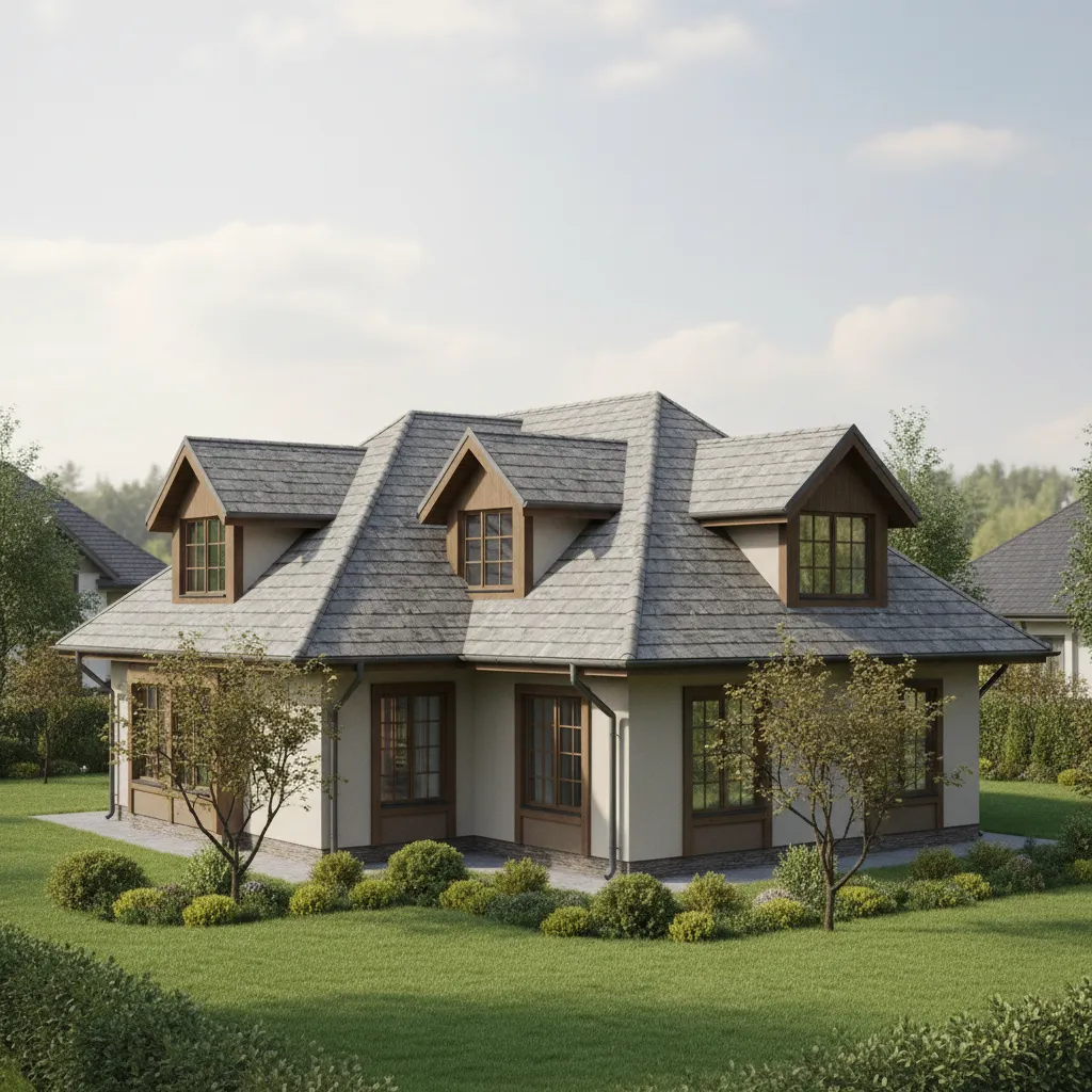 complex residential roof structure with multiple slopes rendered in 3D