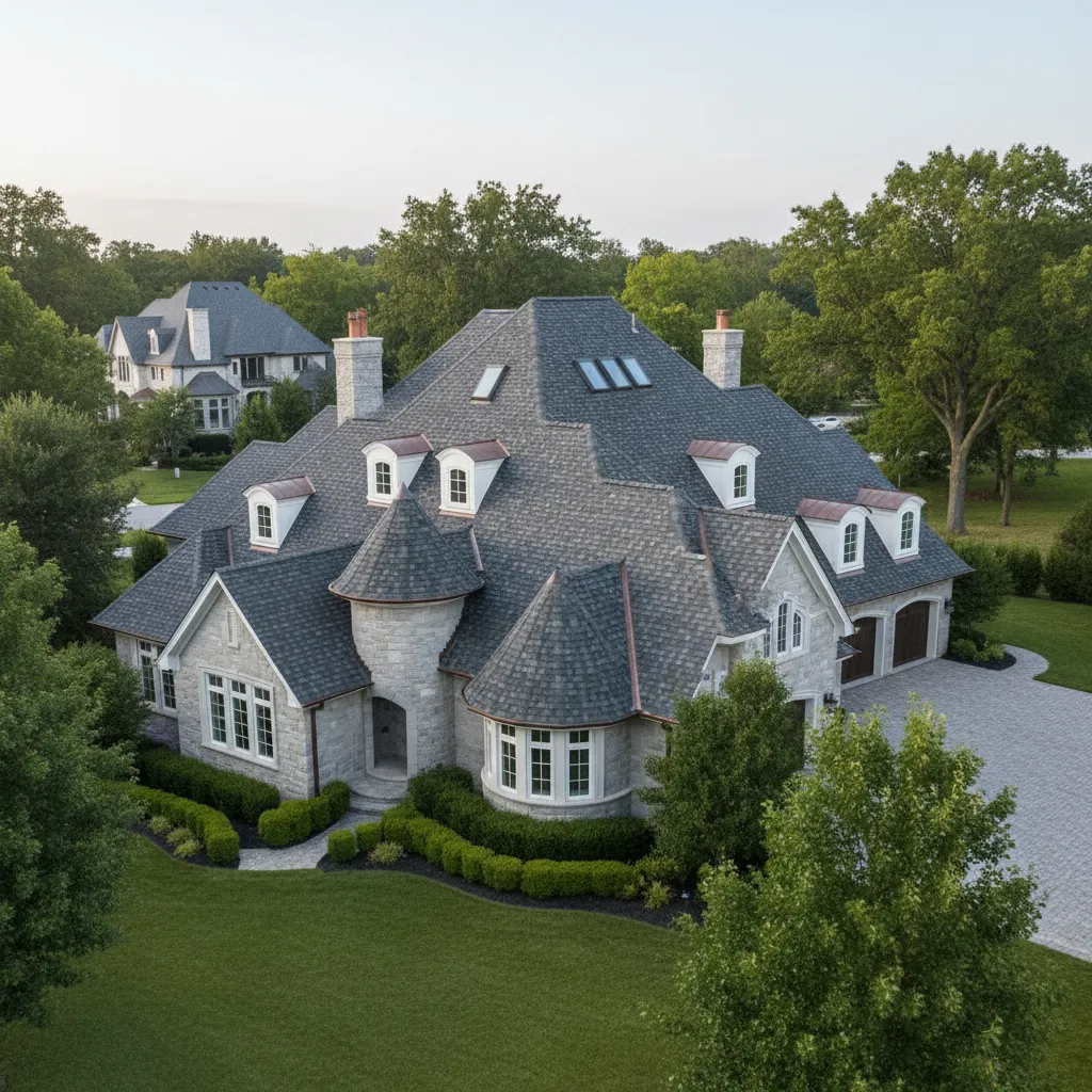 large home roof with multiple dormers valleys and steep pitch