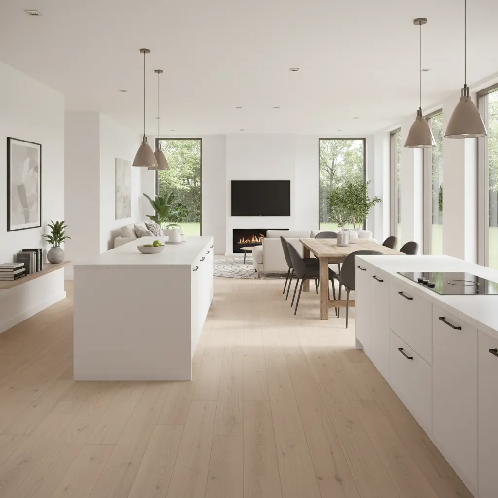 Open floor plan with laminate flooring spanning kitchen and living room