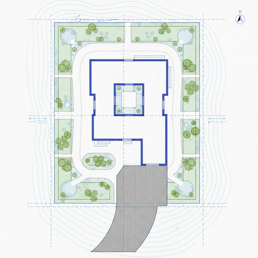 Complex residential site plan showing house, garden areas, and fence boundary lines
