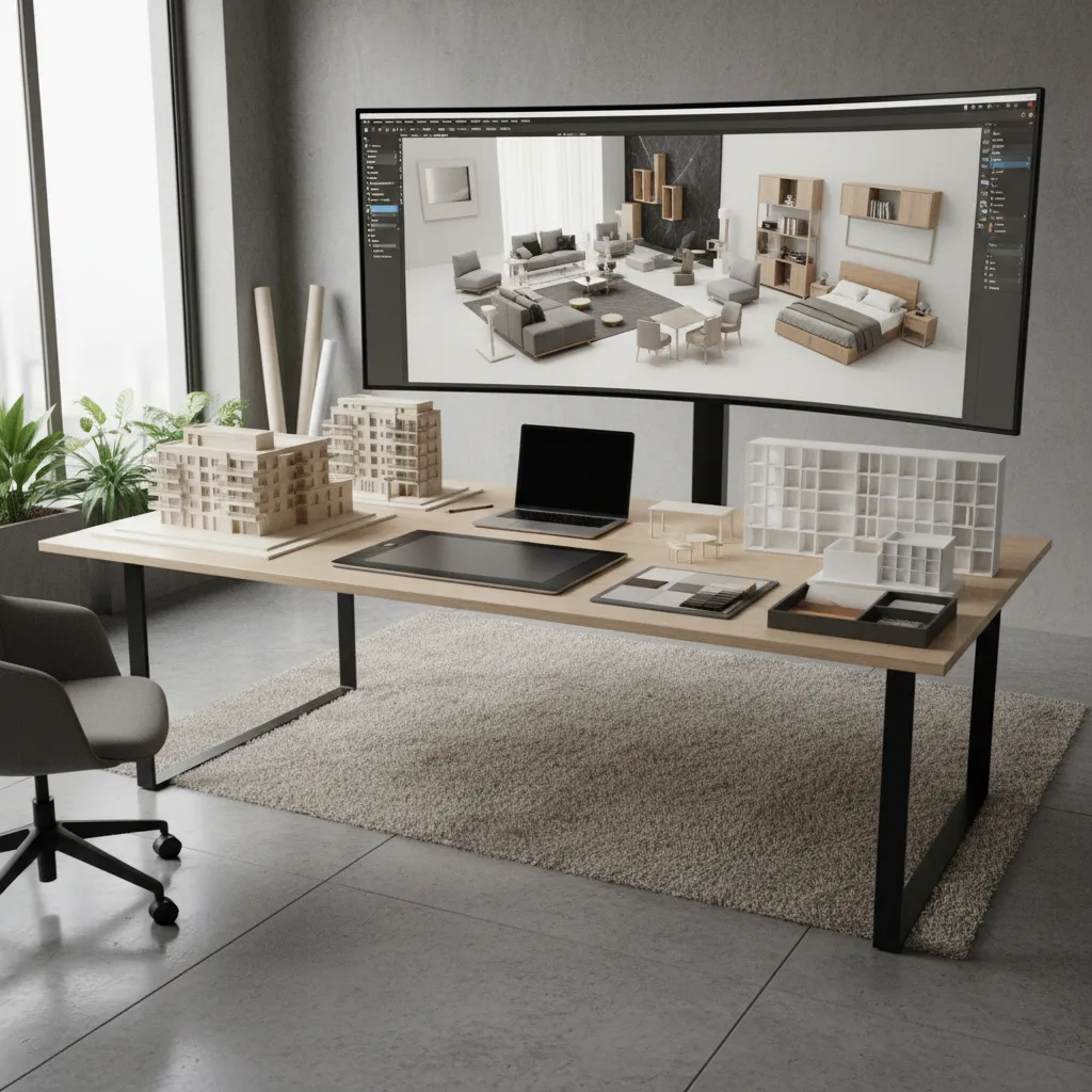 Interior design drawing showing a room layout on a monitor above a desk with models