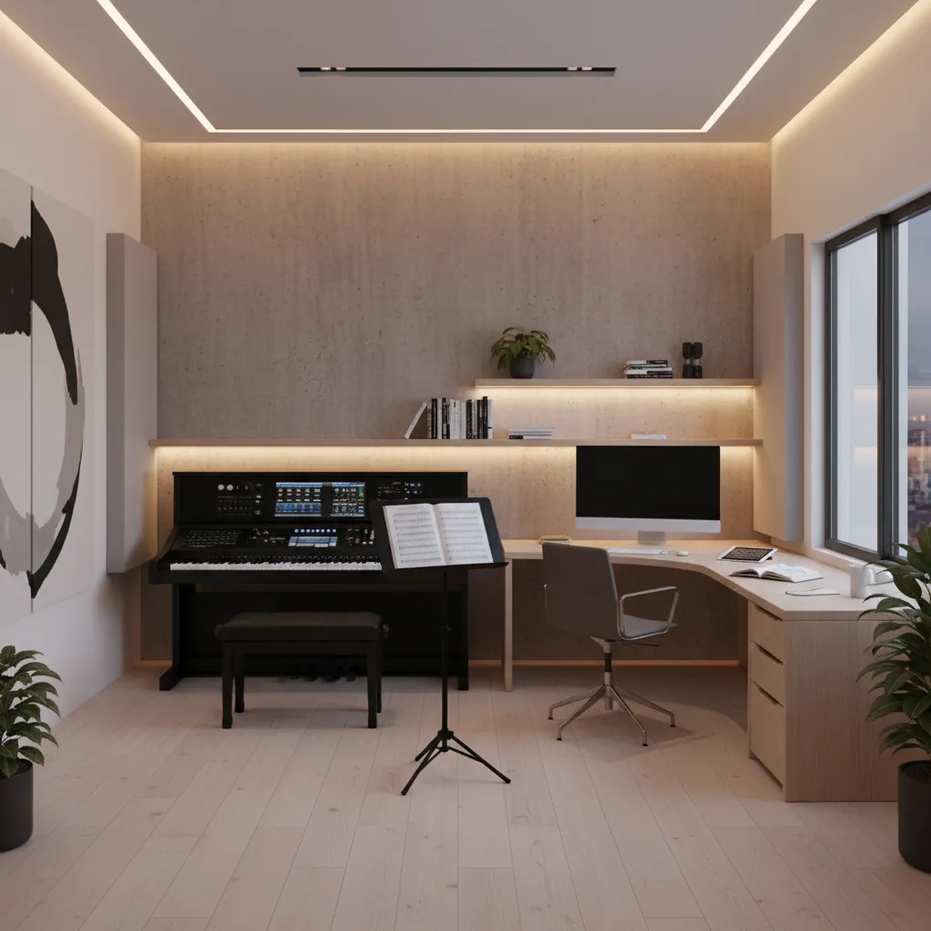 Composer home studio with piano keyboard desk and writing area