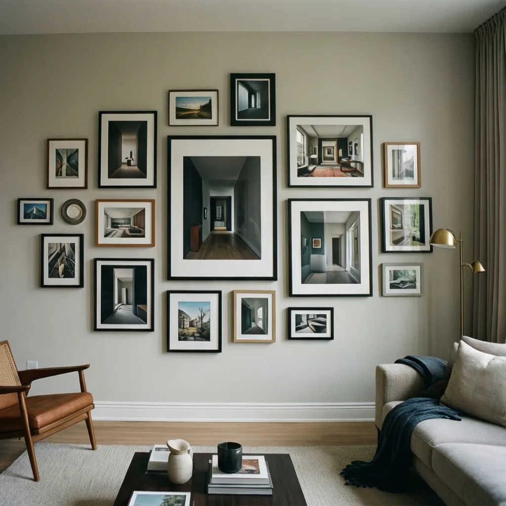 Composición asimétrica de arte mural en una pared de salón