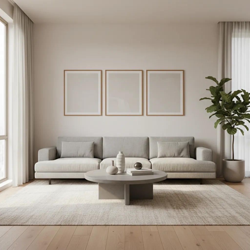 Composición de varios cuadros alineados en una pared de salón
