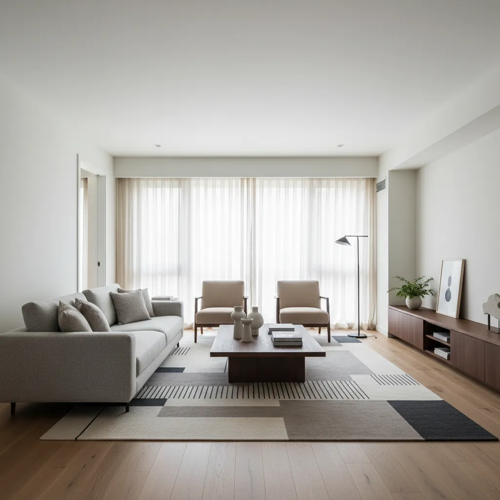 Minimalist living room featuring grey sofa two beige chairs geometric rug wooden cabinet and window
