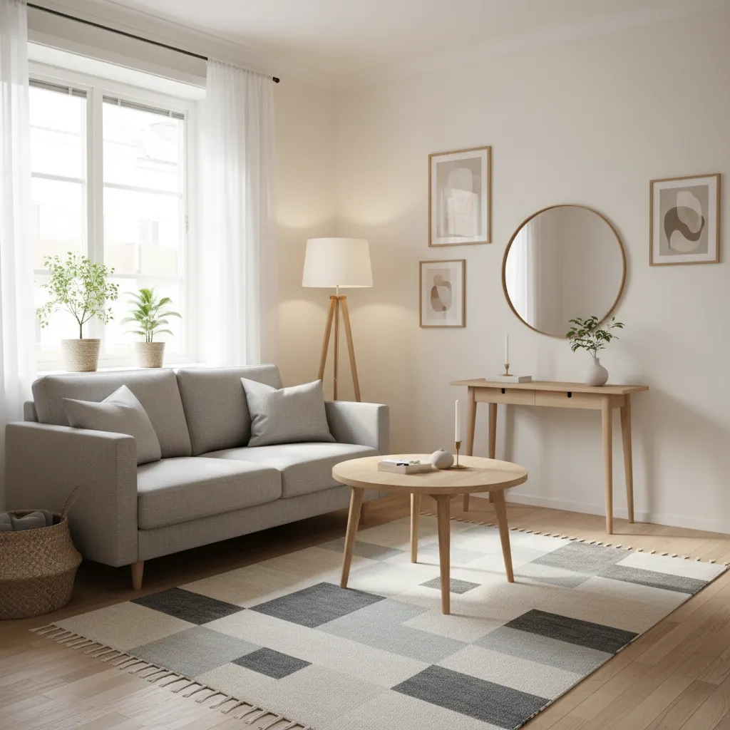Scandinavian living room with grey sofa wooden coffee table round mirror floor lamp and rug