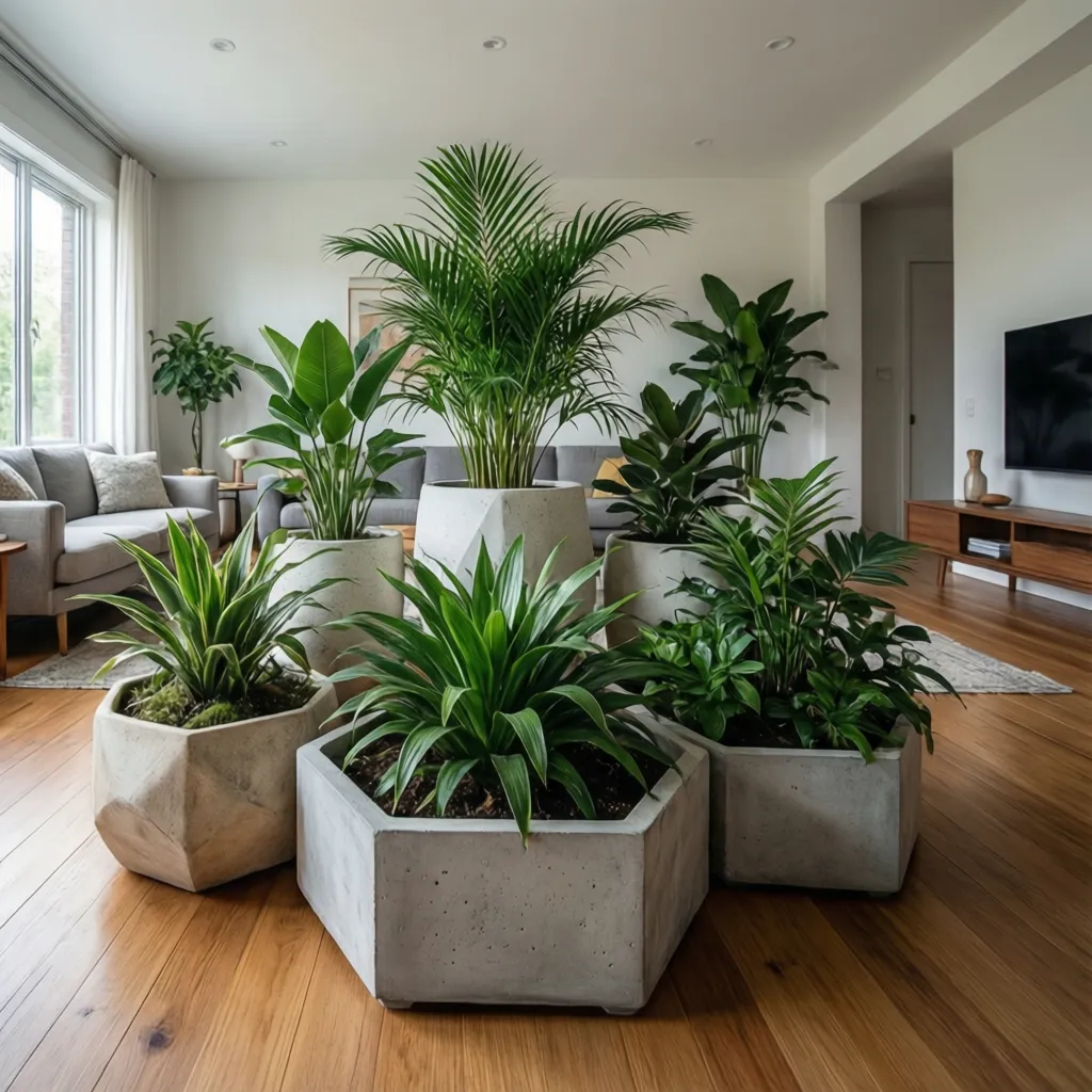 Grupo de maceteros hexagonales decorativos en un salón moderno