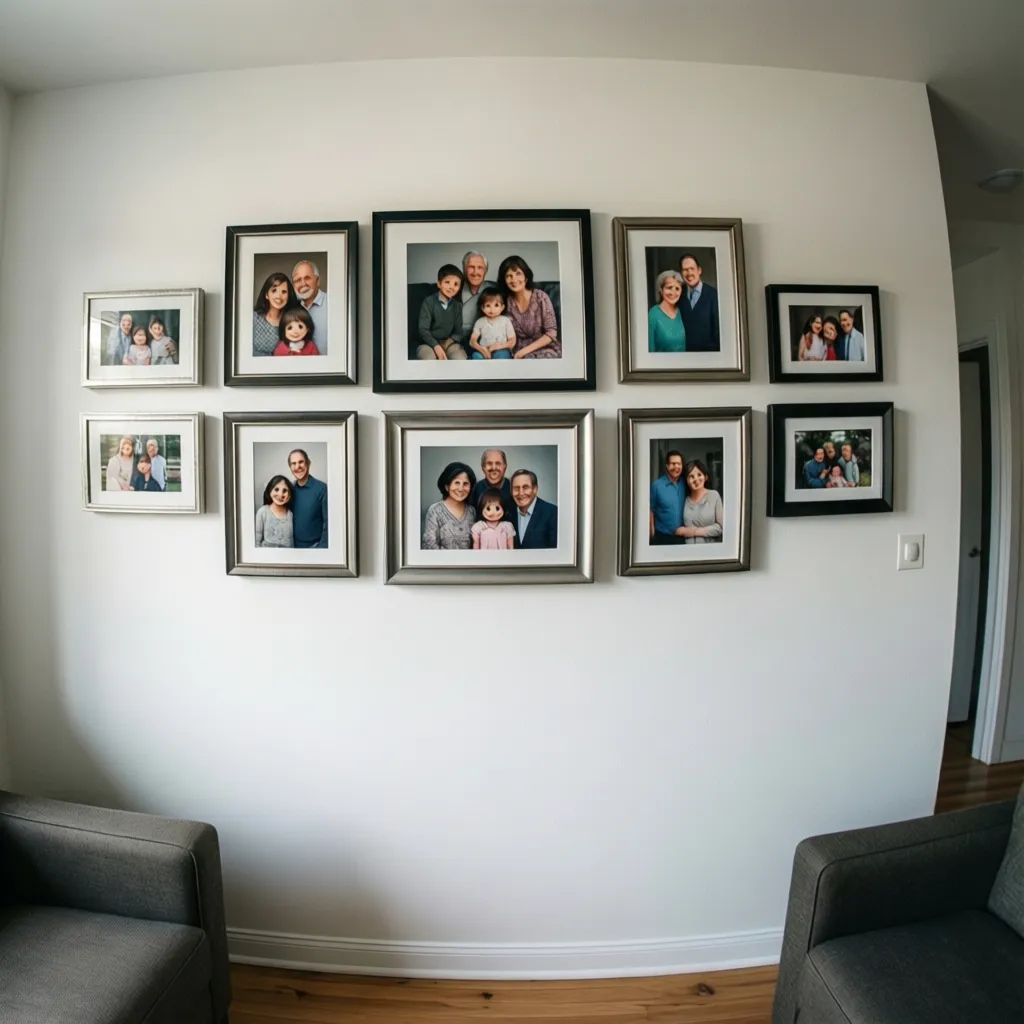 Family portraits in frames on a white wall above two grey sofas and wood floor