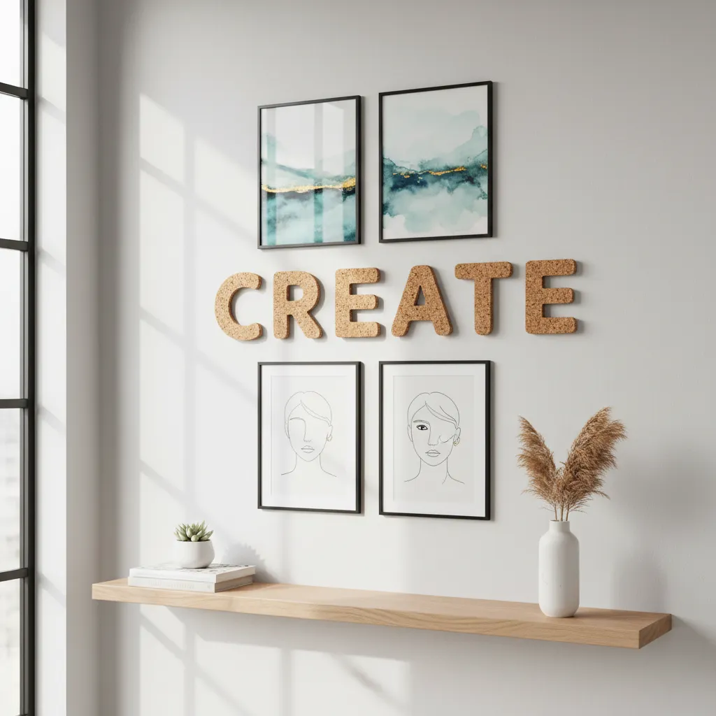 Composición decorativa de pared con letras de corcho, cuadros y estante