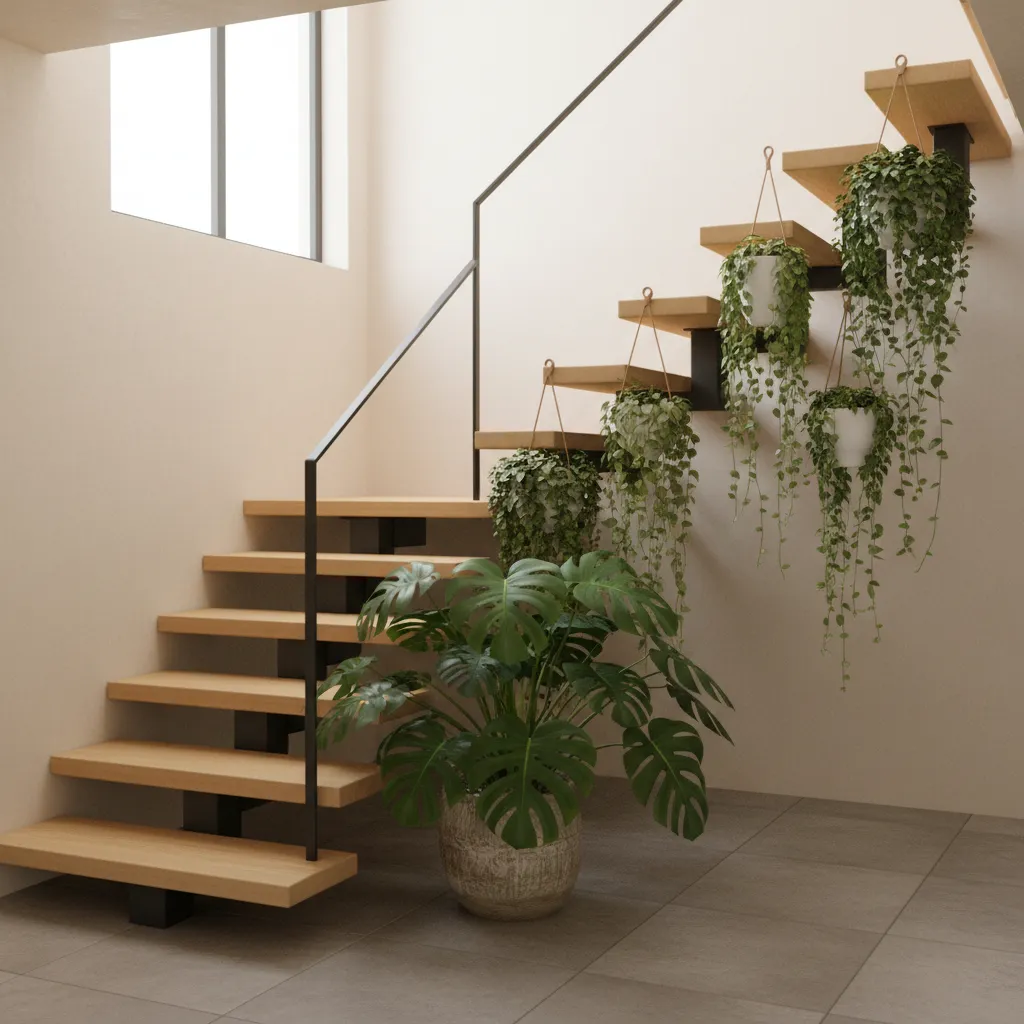Distribución de plantas en diferentes alturas a lo largo de una escalera interior