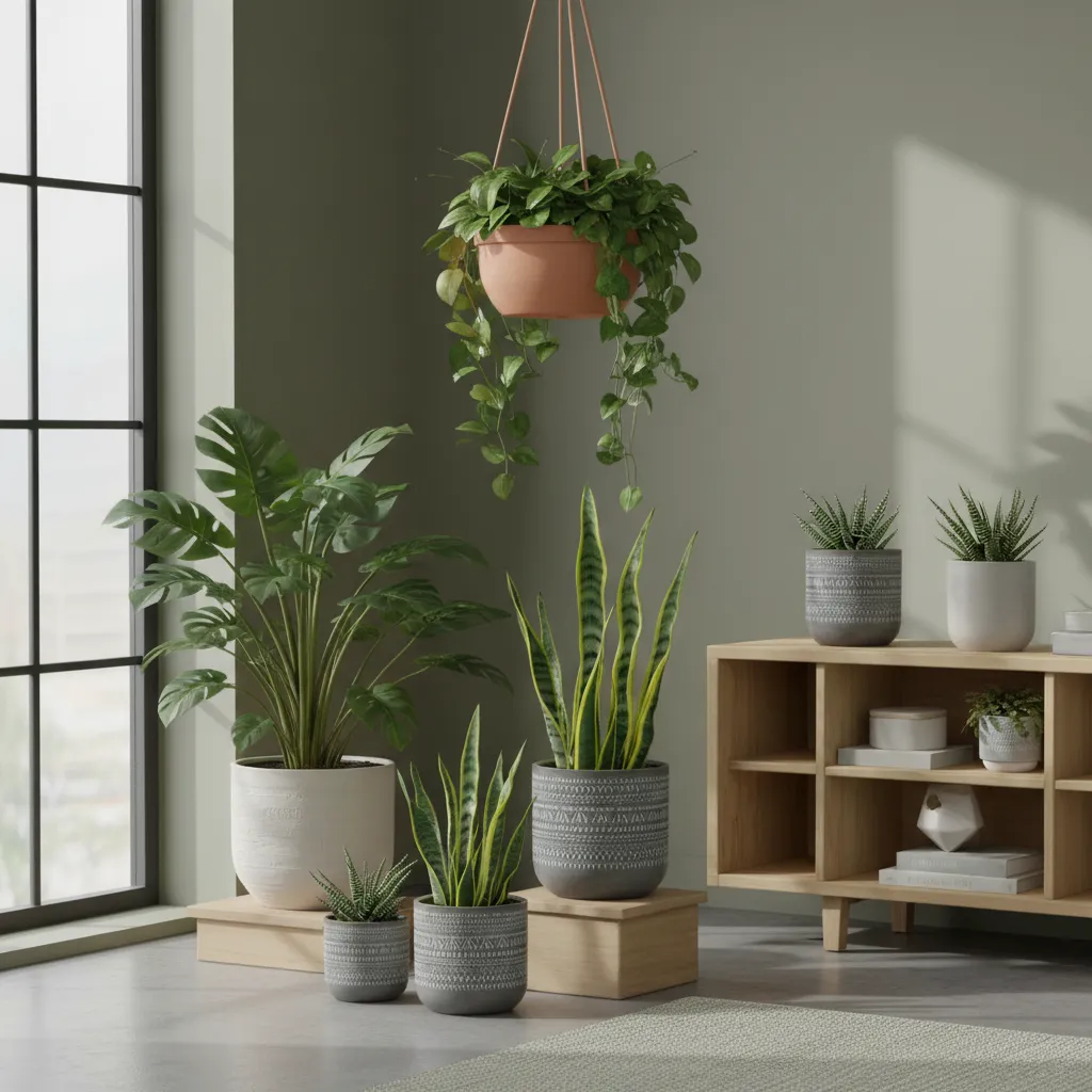 Various green indoor plants in decorative pots arranged near window and wooden cabinet in room