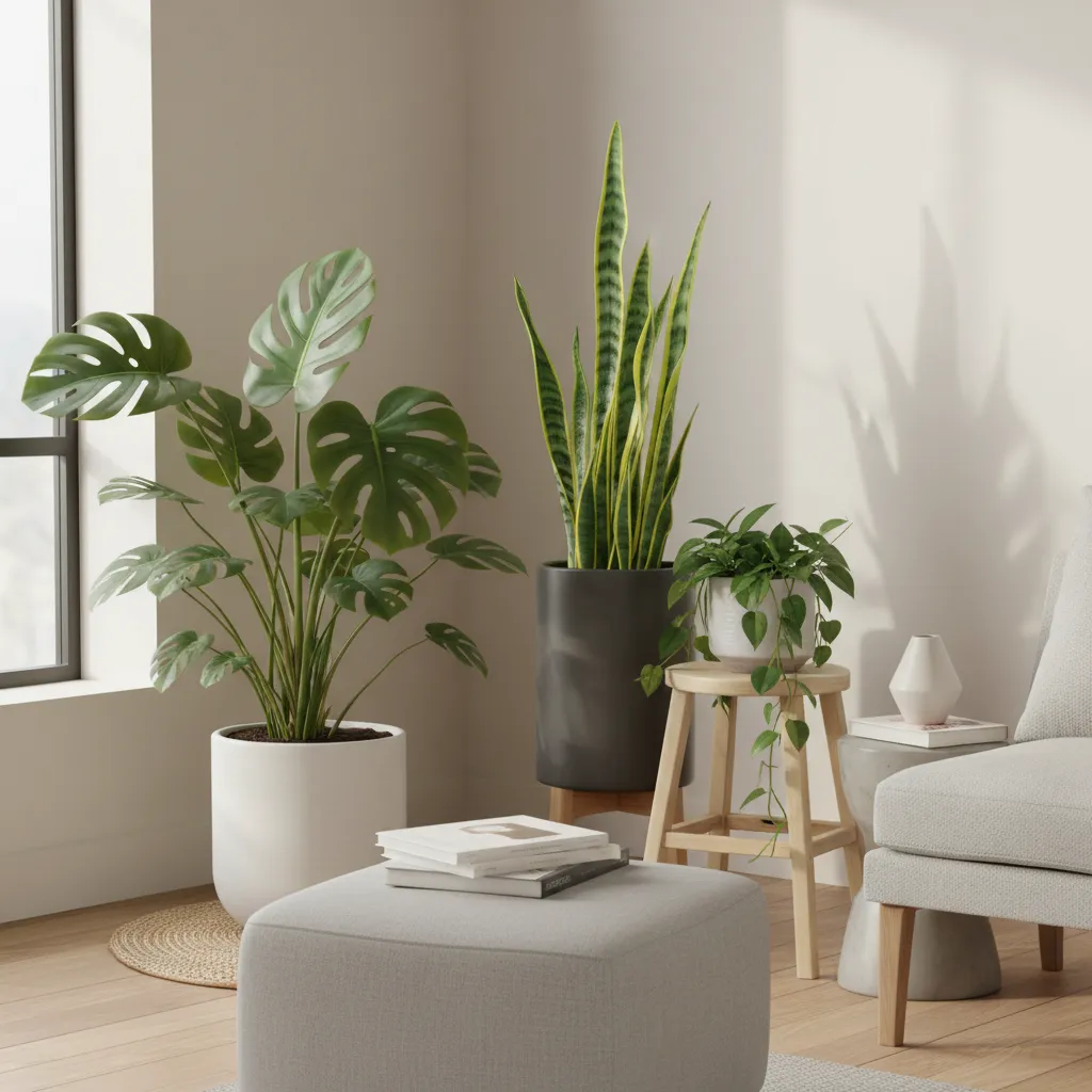 Composición de tres plantas en el salón con diferentes alturas